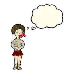 cartoon woman with snake tongue with thought bubble