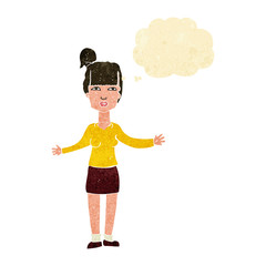 cartoon woman shrugging shoulders with thought bubble