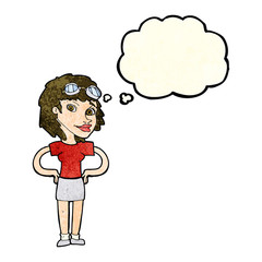 cartoon retro pilot woman with thought bubble