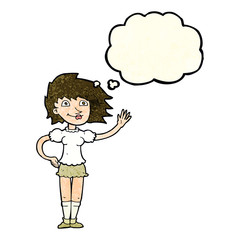 cartoon woman waving with thought bubble