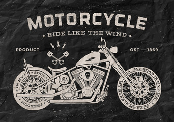 Naklejka premium Vintage race motorcycle old school style. Black and white poster, print for t-shirt. Vector illustration