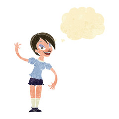cartoon girl waving with thought bubble