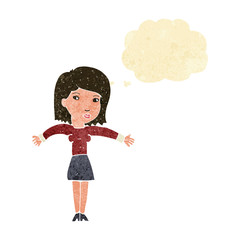 cartoon woman shrugging shoulders with thought bubble