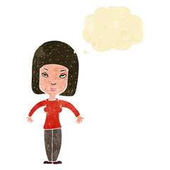 cartoon woman shrugging shoulders with thought bubble