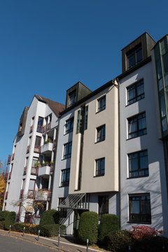modern appartment house in Hilden before blue sky in autumn