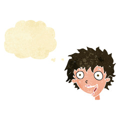 cartoon crazy excited woman with thought bubble