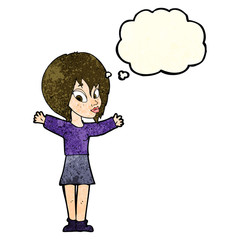 cartoon woman with open arms with thought bubble