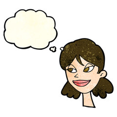 cartoon happy female face with thought bubble