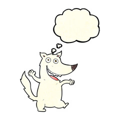 cartoon happy wolf with thought bubble