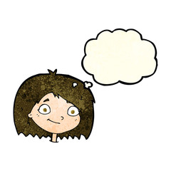 cartoon happy female face with thought bubble