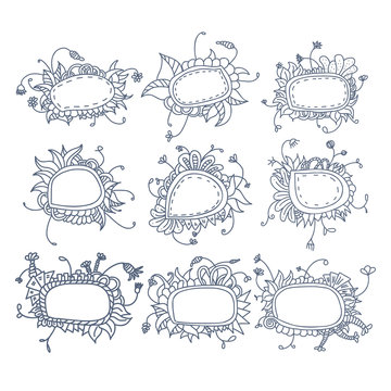 Set of round floral frames. Nine decorative elements for logo design with stripes braiding borders