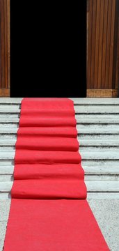 steps of the staircase with red carpet and door