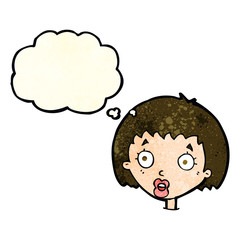 cartoon surprised female face with thought bubble