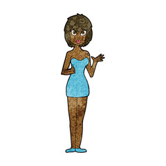cartoon confused woman in cocktail dress