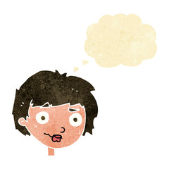 cartoon confused woman with thought bubble