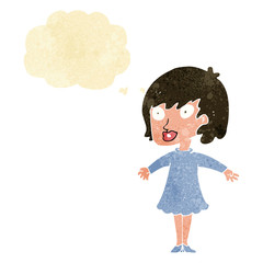 cartoon woman wearing dress with thought bubble