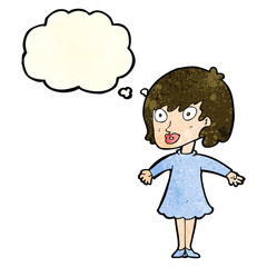 cartoon woman wearing dress with thought bubble