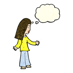 cartoon woman with open arms with thought bubble
