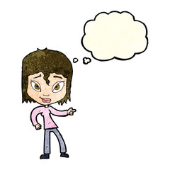 cartoon relaxed woman pointing with thought bubble