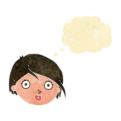 cartoon surprised female face with thought bubble