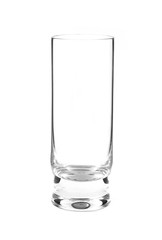 Empty long transparent glass isolated on white closeup. Vertical view