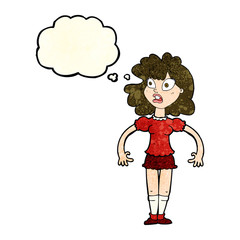 cartoon pretty girl with shocked expression with thought bubble