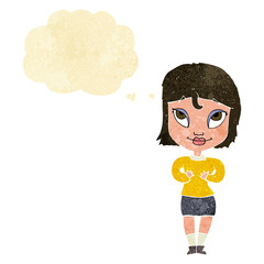 cartoon woman gesturing at self with thought bubble