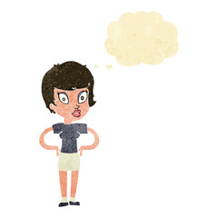 cartoon woman with hands on hips with thought bubble