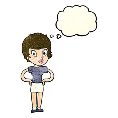 cartoon woman with hands on hips with thought bubble