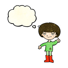cartoon boy in poor clothing giving thumbs up symbol with though
