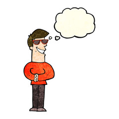 cartoon grinning man wearing sunglasses with thought bubble