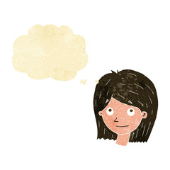 cartoon happy female face with thought bubble