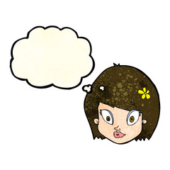 cartoon happy female face with thought bubble