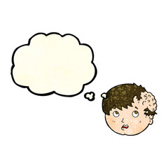 cartoon boy with ugly growth on head with thought bubble