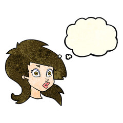 cartoon pretty surprised woman with thought bubble