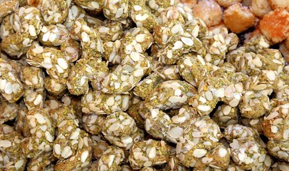 Pistachio cookies and sugary pastries in the bakery