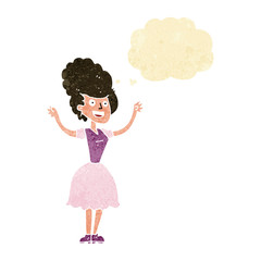 cartoon happy 1950's woman with thought bubble