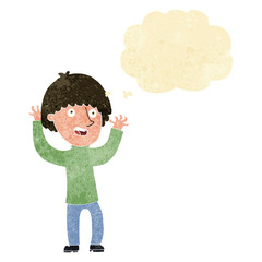 cartoon happy boy laughing with thought bubble