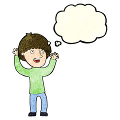 cartoon happy boy laughing with thought bubble