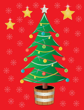  Christmas tree illustration on red background with stars and snowflakes