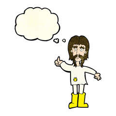 cartoon hippie man giving thumbs up symbol with thought bubble