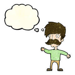 cartoon man with mustache waving with thought bubble