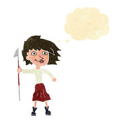 cartoon woman with spear with thought bubble