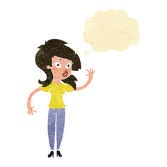 cartoon pretty woman waving with thought bubble