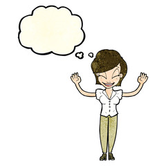 cartoon pretty woman with hands in air with thought bubble