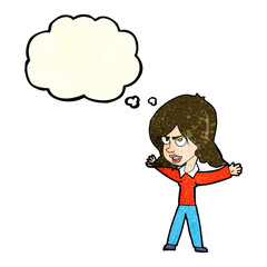 cartoon woman gesturing with thought bubble