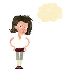 cartoon woman with hands on hips with thought bubble