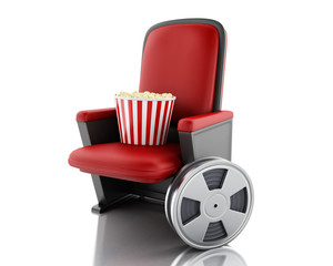 Naklejka premium 3d Film reel and popcorn on theater seat.