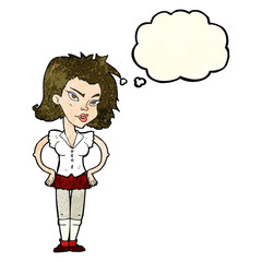 cartoon woman with hands on hips with thought bubble