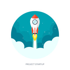 Flat rocket icon. Startup concept. Project development.